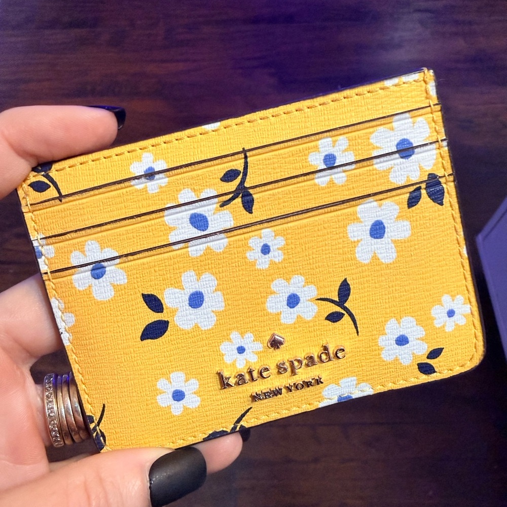 Kate Spade Yellow Card Holder with Blue Floral Pattern